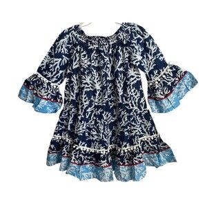 Debbie Katz Dori Off-On Shoulder Boho Mini Dress Tunic CoverUp in Navy sz L $129